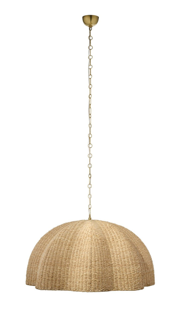 Jamie Young Co. Rosemary Artisanal Palm Leaf Pendant Lamp With Hand-Blown Glass Globe, Burnished Brass Accents, Adjustable Height 17.25"H x 36"W x 36"D 5ROSE-LGNA