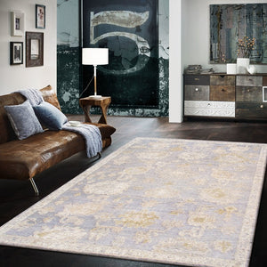 Pasargad Pasargad Hand-Knotted Oushak Wool Rug 9'1"x10'3" Grey Blue Geometric Vintage Finish, Durable Elegance PLO-110 9X10