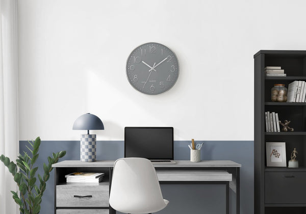 Monarch Specialties Clocks, 12" Round Silent Wall Clock With Silver Frame, Large Numerals, Modern Minimalist Design GREY I 9107