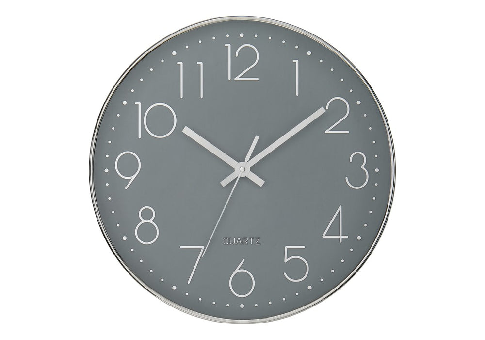 Monarch Specialties Clocks, 12" Round Silent Wall Clock With Silver Frame, Large Numerals, Modern Minimalist Design GREY I 9107