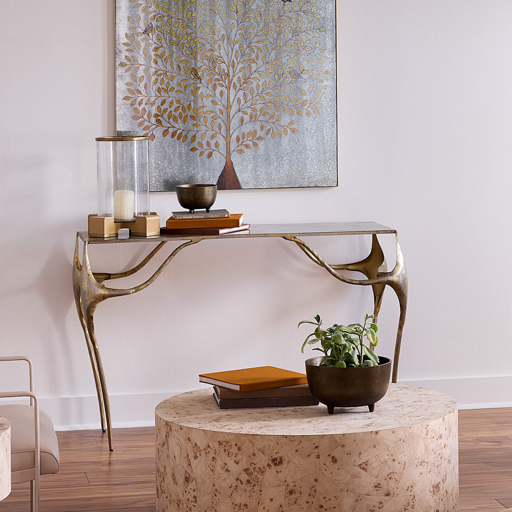 Jamie Young Co. Persephone Hand-Forged Iron Console Table In Antique Brass Finish — Sculptural Openwork Legs, 48" Top 20PERS-COGO