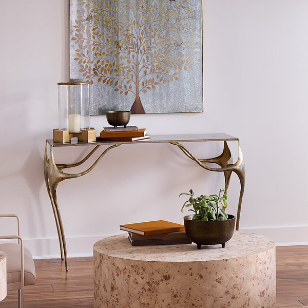 Jamie Young Co. Persephone Hand-Forged Iron Console Table In Antique Brass Finish — Sculptural Openwork Legs, 48" Top 20PERS-COGO