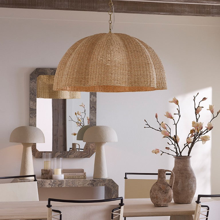 Jamie Young Co. Rosemary Artisanal Palm Leaf Pendant Lamp With Hand-Blown Glass Globe, Burnished Brass Accents, Adjustable Height 17.25"H x 36"W x 36"D 5ROSE-LGNA
