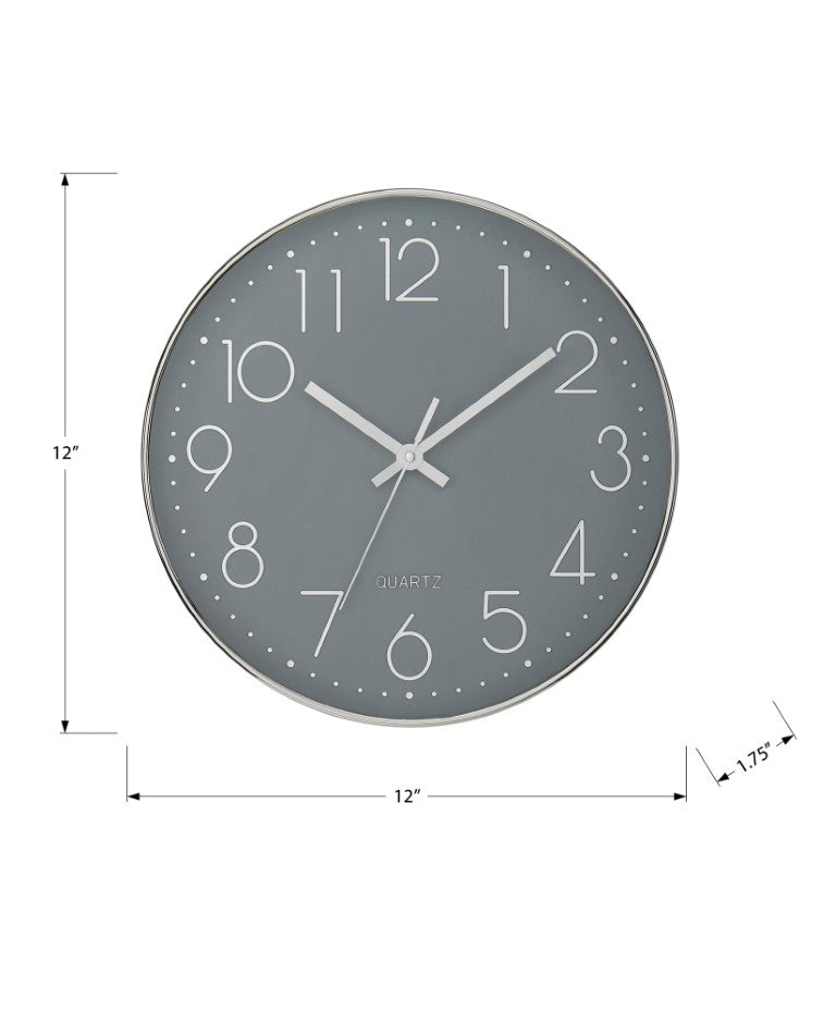 Monarch Specialties Clocks, 12" Round Silent Wall Clock With Silver Frame, Large Numerals, Modern Minimalist Design GREY I 9107