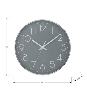 Monarch Specialties Clocks, 12" Round Silent Wall Clock With Silver Frame, Large Numerals, Modern Minimalist Design GREY I 9107