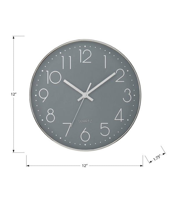 Monarch Specialties Clocks, 12" Round Silent Wall Clock With Silver Frame, Large Numerals, Modern Minimalist Design GREY I 9107