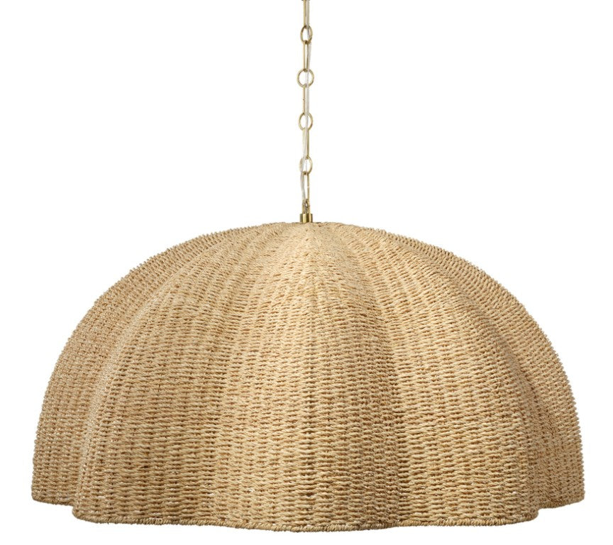 Jamie Young Co. Rosemary Artisanal Palm Leaf Pendant Lamp With Hand-Blown Glass Globe, Burnished Brass Accents, Adjustable Height 17.25"H x 36"W x 36"D 5ROSE-LGNA