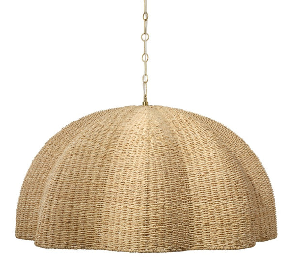 Jamie Young Co. Rosemary Artisanal Palm Leaf Pendant Lamp With Hand-Blown Glass Globe, Burnished Brass Accents, Adjustable Height 17.25"H x 36"W x 36"D 5ROSE-LGNA