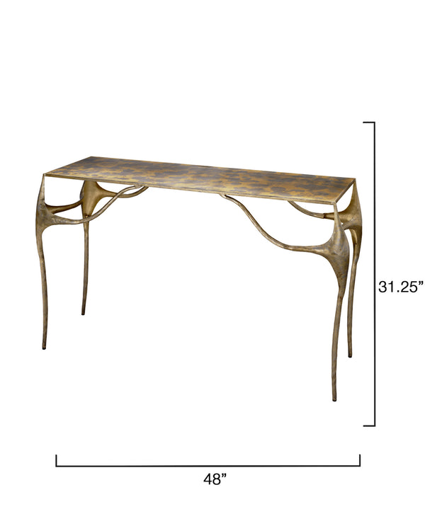 Jamie Young Co. Persephone Hand-Forged Iron Console Table In Antique Brass Finish — Sculptural Openwork Legs, 48" Top 20PERS-COGO