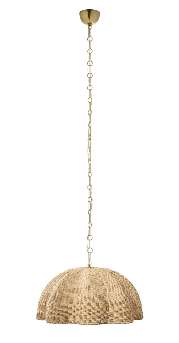 Jamie Young Co. Rosemary Artisanal Palm Leaf Pendant Lamp With Hand-Blown Glass Globe, Burnished Brass Accents, Adjustable Height 11.25"H x 24"W x 24"D 5ROSE-SMNA