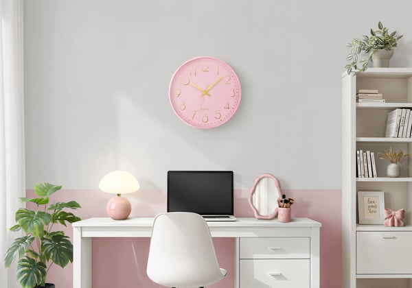 Monarch Specialties Clocks, 12" Round Wall Clock With Quiet Quartz Movement And Glass Cover For Modern Spaces PINK,GOLD I 9108