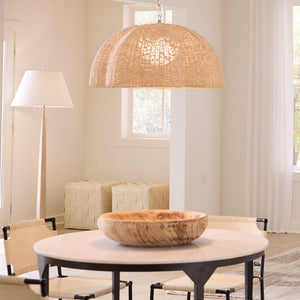 Jamie Young Co. Rosemary Artisanal Palm Leaf Pendant Lamp With Hand-Blown Glass Globe, Burnished Brass Accents, Adjustable Height 11.25"H x 24"W x 24"D 5ROSE-SMNA