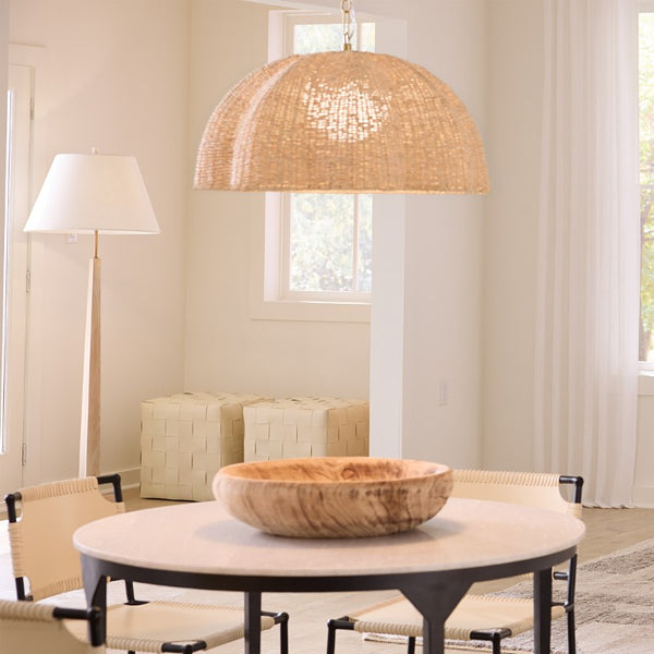 Jamie Young Co. Rosemary Artisanal Palm Leaf Pendant Lamp With Hand-Blown Glass Globe, Burnished Brass Accents, Adjustable Height 11.25"H x 24"W x 24"D 5ROSE-SMNA