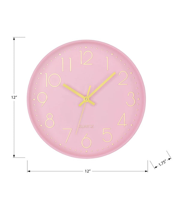 Monarch Specialties Clocks, 12" Round Wall Clock With Quiet Quartz Movement And Glass Cover For Modern Spaces PINK,GOLD I 9108
