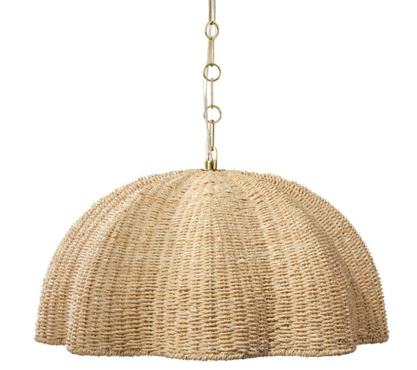 Jamie Young Co. Rosemary Artisanal Palm Leaf Pendant Lamp With Hand-Blown Glass Globe, Burnished Brass Accents, Adjustable Height 11.25"H x 24"W x 24"D 5ROSE-SMNA