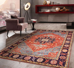 Pasargad Pasargad Serapi Hand-Knotted Wool Rug 4'10" x 8'0" — Rust & Navy Vintage Patina, Durable Artisanal Pile PSJ-23A 5x8