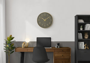 Monarch Specialties Clocks, 12" Round Wall Clock With Dark Bronze Face And Shimmer Frame — Silent Quartz, Modern Style BLACK,GOLD I 9110