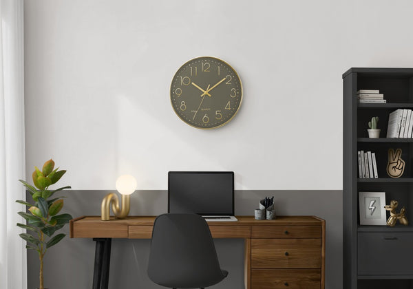 Monarch Specialties Clocks, 12" Round Wall Clock With Dark Bronze Face And Shimmer Frame — Silent Quartz, Modern Style BLACK,GOLD I 9110