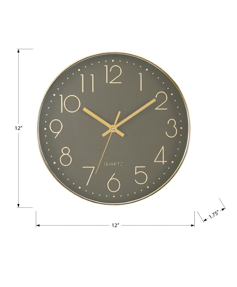 Monarch Specialties Clocks, 12" Round Wall Clock With Dark Bronze Face And Shimmer Frame — Silent Quartz, Modern Style BLACK,GOLD I 9110