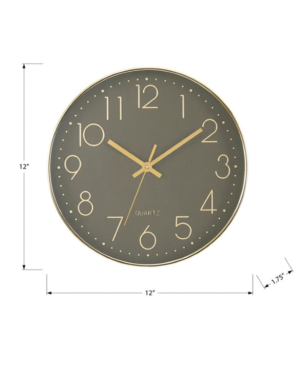 Monarch Specialties Clocks, 12" Round Wall Clock With Dark Bronze Face And Shimmer Frame — Silent Quartz, Modern Style BLACK,GOLD I 9110