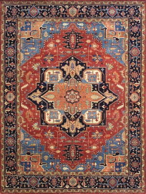 Pasargad Pasargad Serapi Hand-Knotted Wool Rug in Rust & Navy — 100% Hand-Spun Wool, Vintage Patina, Plush Durable Texture 9'11'' X 14' 3'' PB-1058 10X14