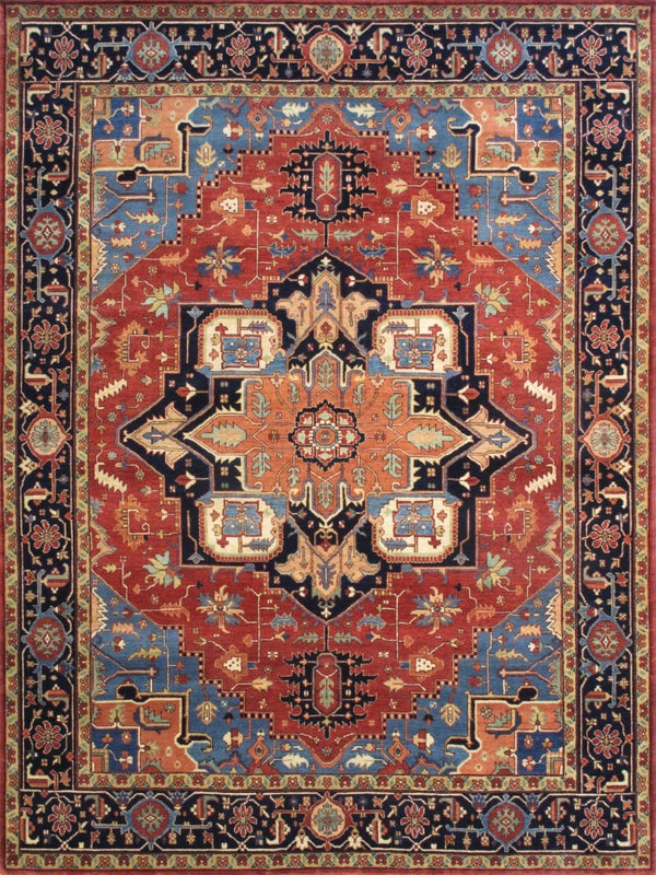 Pasargad Pasargad Serapi Hand-Knotted Wool Rug in Rust & Navy — 100% Hand-Spun Wool, Vintage Patina, Plush Durable Texture 9'11'' X 14' 3'' PB-1058 10X14