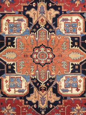 Pasargad Pasargad Serapi Hand-Knotted Wool Rug in Rust & Navy — 100% Hand-Spun Wool, Vintage Patina, Plush Durable Texture 9'11'' X 14' 3'' PB-1058 10X14