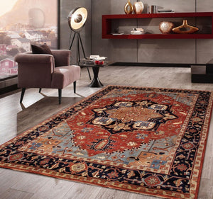 Pasargad Pasargad Serapi Hand-Knotted Wool Rug in Rust & Navy — 100% Hand-Spun Wool, Vintage Patina, Plush Durable Texture 9'11'' X 14' 3'' PB-1058 10X14