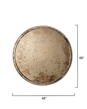 Jamie Young Co. Chambord Antiqued Glass Round Wall Mirror With Faceted Beveled Frame, Warm Brown Patina Accent 48"H x 48"W x 1"D 6CHAM-LGAG