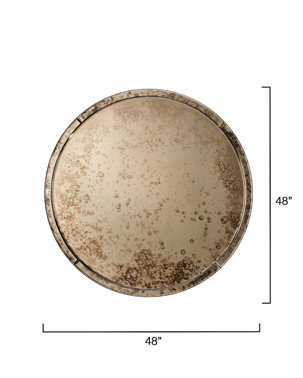 Jamie Young Co. Chambord Antiqued Glass Round Wall Mirror With Faceted Beveled Frame, Warm Brown Patina Accent 48"H x 48"W x 1"D 6CHAM-LGAG