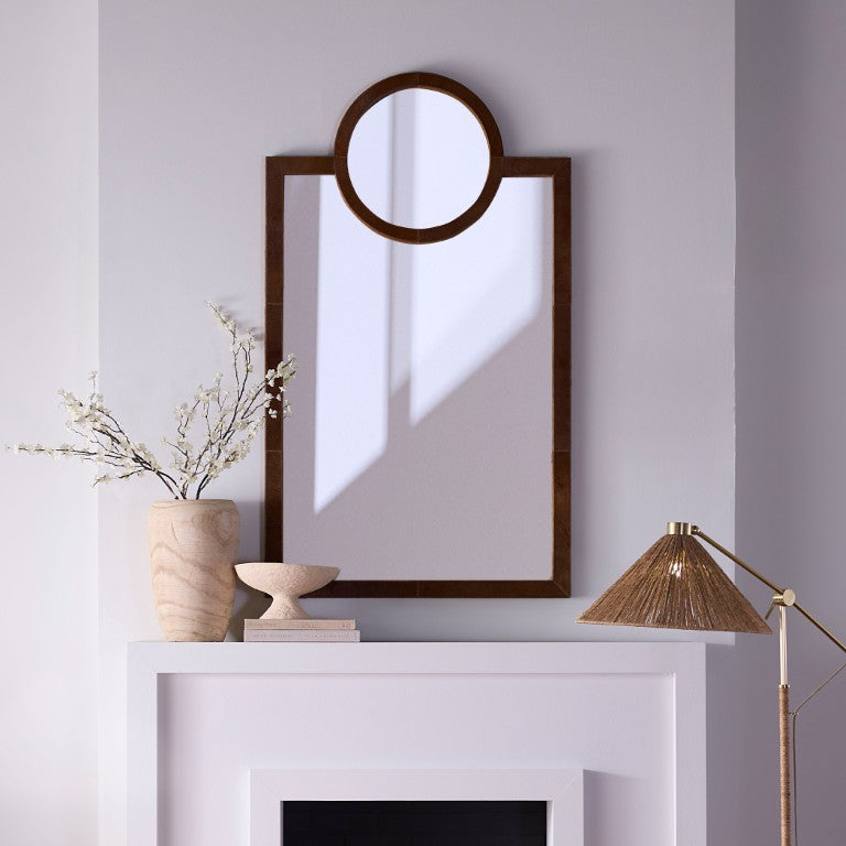 Jamie Young Co. Keystone Hide Wall Mirror With Saddle Hair-On-Hide Frame, Art Deco Full-Length Statement Mirror 62"H x 36"W x 1.5"D 6KEYS-MISA