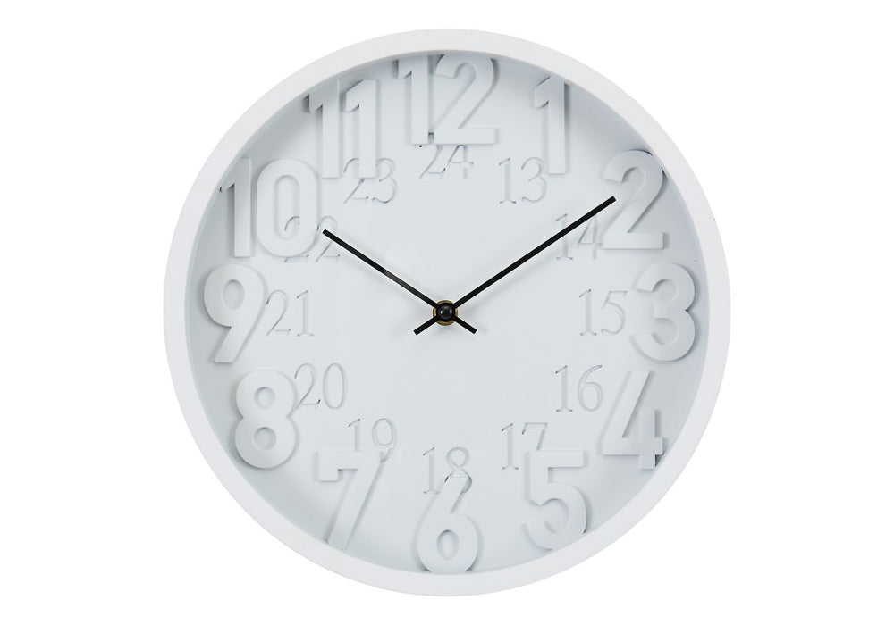 Monarch Specialties Clocks, 12" Round Modern Wall Clock With Quiet Quartz, Raised 12/24-Hour Numerals For Easy Reading WHITE,BLACK I 9118