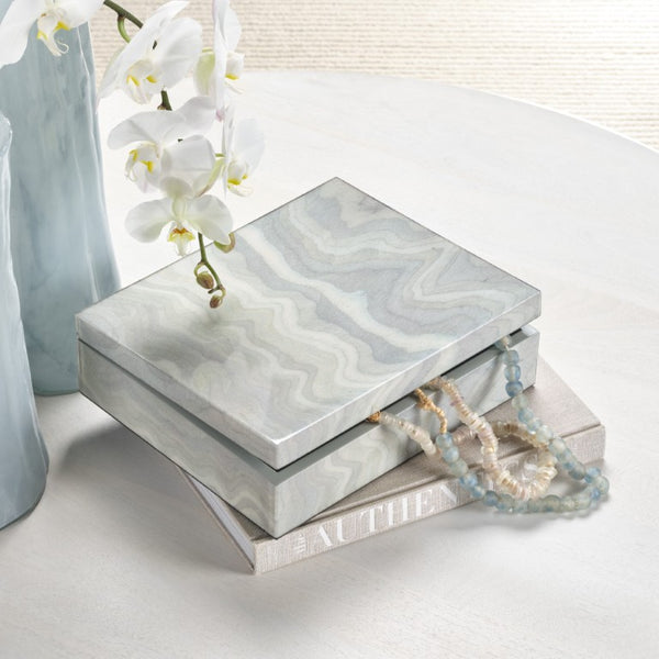 Jamie Young Co. Elevation Wood Decorative Box With Pale Blue Lacquer, Flame Stitch Pattern, Smokey Grey Interior — Artisan Crafted Storage For Jewelry, Remotes, Cords (11" X 9" X 2") 7ALTI-BXBL