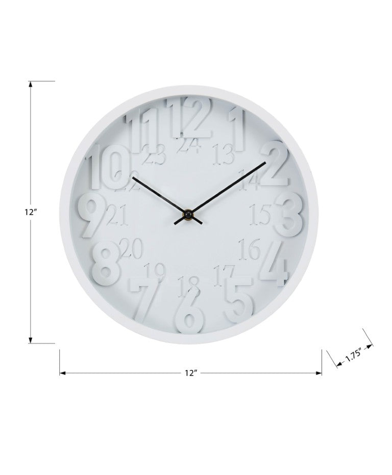 Monarch Specialties Clocks, 12" Round Modern Wall Clock With Quiet Quartz, Raised 12/24-Hour Numerals For Easy Reading WHITE,BLACK I 9118