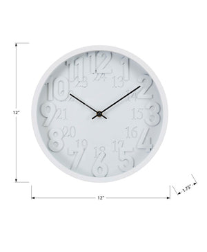 Monarch Specialties Clocks, 12" Round Modern Wall Clock With Quiet Quartz, Raised 12/24-Hour Numerals For Easy Reading WHITE,BLACK I 9118