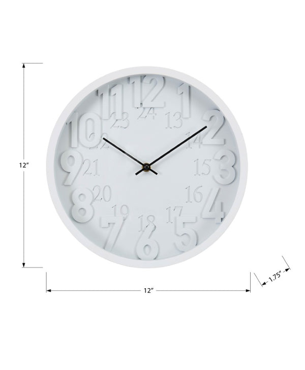 Monarch Specialties Clocks, 12" Round Modern Wall Clock With Quiet Quartz, Raised 12/24-Hour Numerals For Easy Reading WHITE,BLACK I 9118