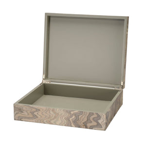 Jamie Young Co. Valley Wood Decorative Box With Sand Grey Veneer, Silver Quadrant Hinge, Felt Bottom — Stylish Storage 7VALL-BXSA