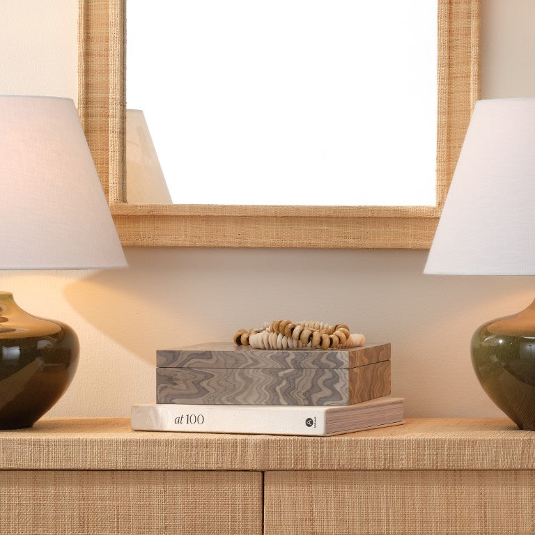 Jamie Young Co. Valley Wood Decorative Box With Sand Grey Veneer, Silver Quadrant Hinge, Felt Bottom — Stylish Storage 7VALL-BXSA
