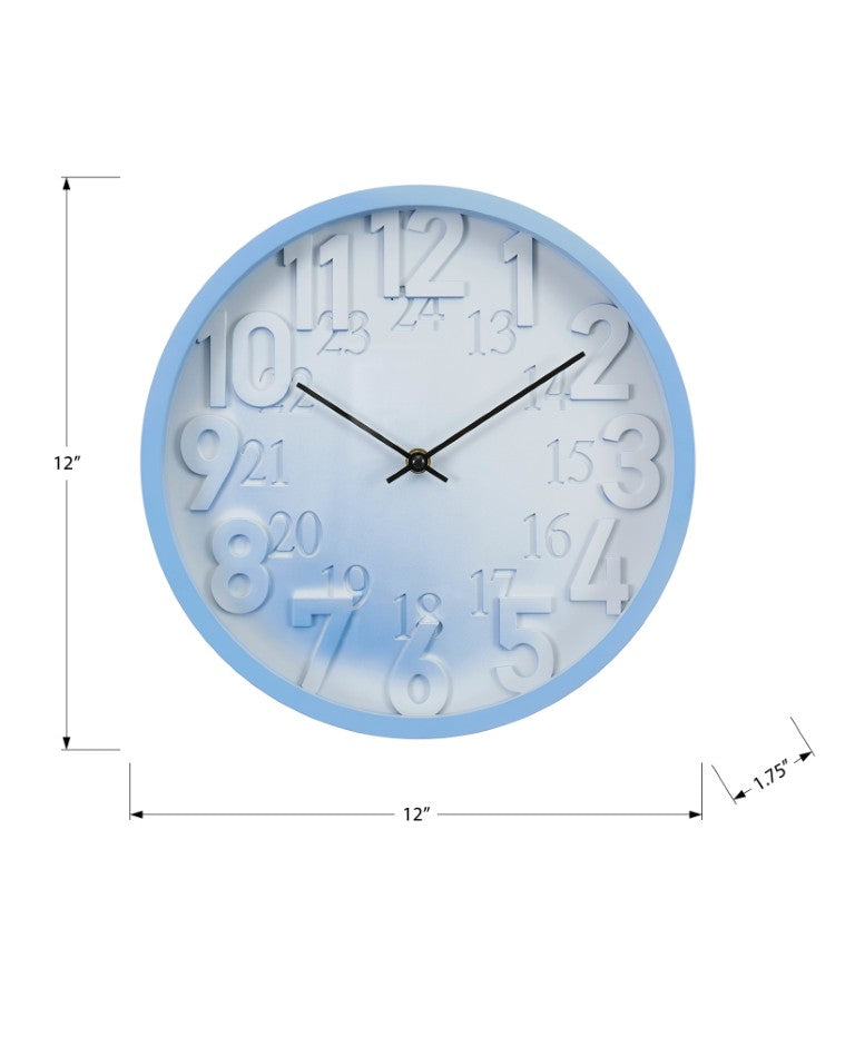 Monarch Specialties Clocks, 12" Round Quiet Quartz Wall Clock With Raised Numerals, 24-Hour Dial, Contemporary Appeal BLUE,BLACK,WHITE I 9119