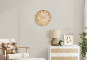 Monarch Specialties Clocks, 12" Round Wall Clock With Wood-Look Face And Silent Quartz Movement For Quiet Rooms (12") BROWN,NATURAL I 9120