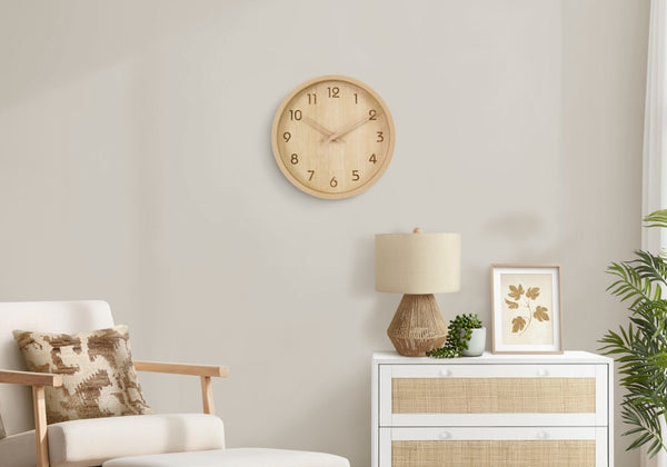 Monarch Specialties Clocks, 12" Round Wall Clock With Wood-Look Face And Silent Quartz Movement For Quiet Rooms (12") BROWN,NATURAL I 9120