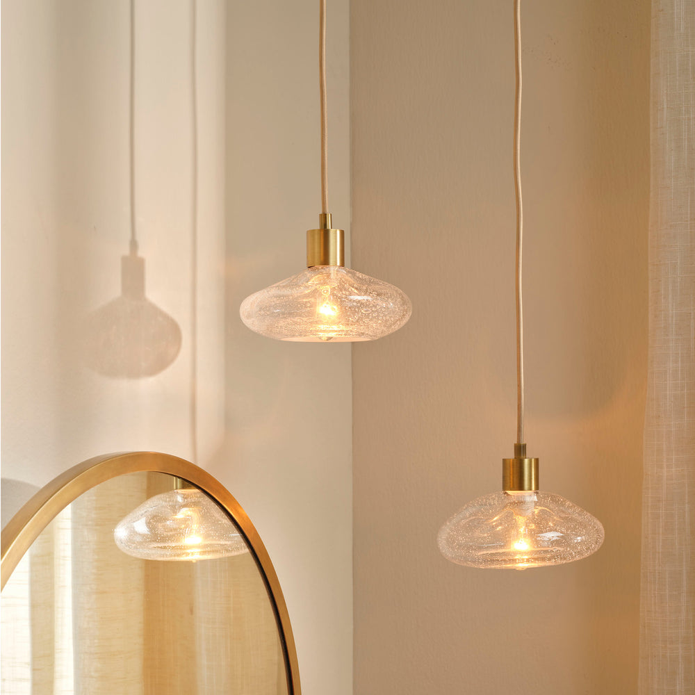 Jamie Young Co. Reservoir Pendant With Hand-Blown Seeded Glass, Antique Brass Finish, Adjustable Drop For Islands 5RESE-PECL