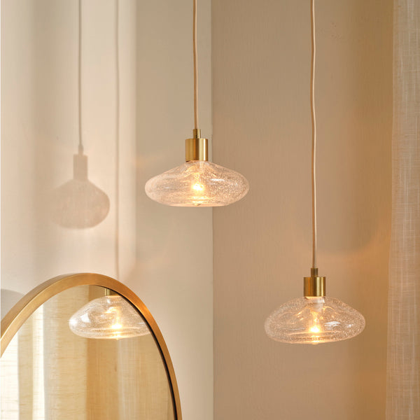 Jamie Young Co. Reservoir Pendant With Hand-Blown Seeded Glass, Antique Brass Finish, Adjustable Drop For Islands 5RESE-PECL