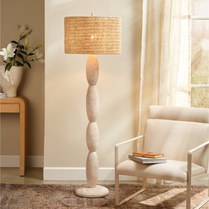 Jamie Young Co. Almond Acacia Wood Floor Lamp With Handwoven Palm Leaf Drum Shade, White Wash Coastal 53"H 9ALMONDFLWW