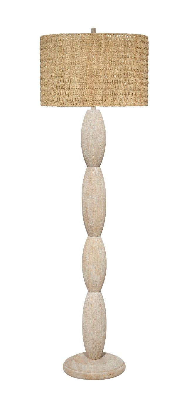 Jamie Young Co. Almond Acacia Wood Floor Lamp With Handwoven Palm Leaf Drum Shade, White Wash Coastal 53"H 9ALMONDFLWW