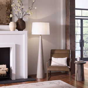 Jamie Young Co. Alps Steel Floor Lamp With Hand-Rubbed Warm Grey Finish, White Linen Drum Shade, Mid-Century Flair 9ALPSPFLGRAY
