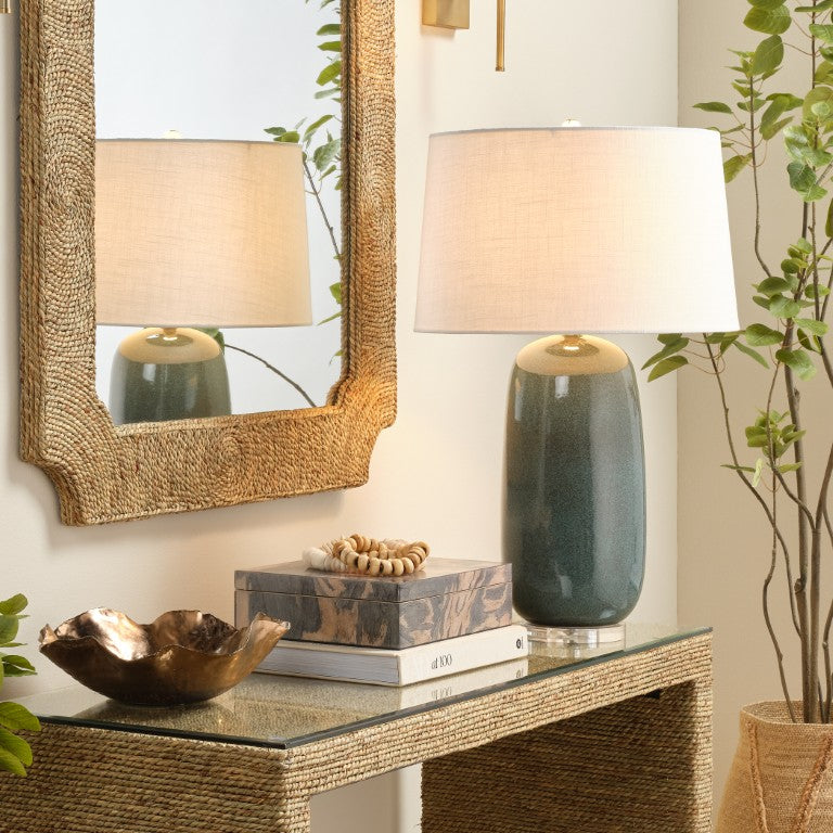Jamie Young Co. Balsam Ceramic Table Lamp Teal - Handcrafted Reactive Glaze, White Linen Drum Shade, Midcentury Chic 9BASALMTLTE