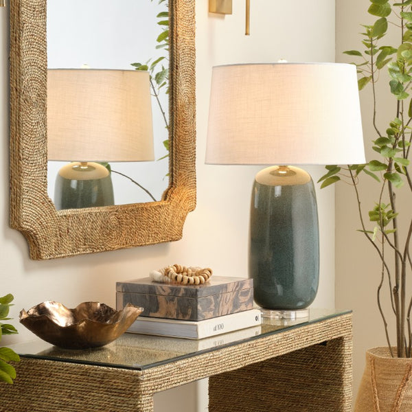 Jamie Young Co. Balsam Ceramic Table Lamp Teal - Handcrafted Reactive Glaze, White Linen Drum Shade, Midcentury Chic 9BASALMTLTE