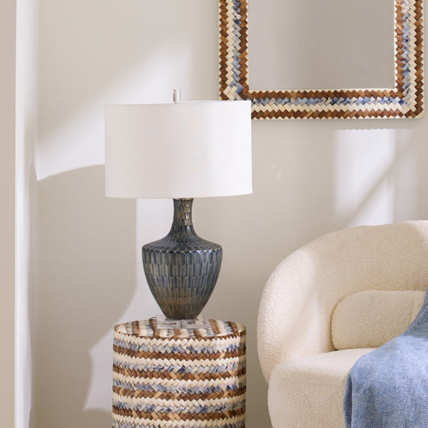 Jamie Young Co. Boa Hand-Etched Indigo Glass Table Lamp With Mercury Finish, Linen Drum Shade, Acrylic Base (18.5") 9BOATLINEG
