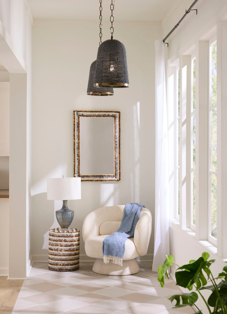 Jamie Young Co. Boa Hand-Etched Indigo Glass Table Lamp With Mercury Finish, Linen Drum Shade, Acrylic Base (18.5") 9BOATLINEG